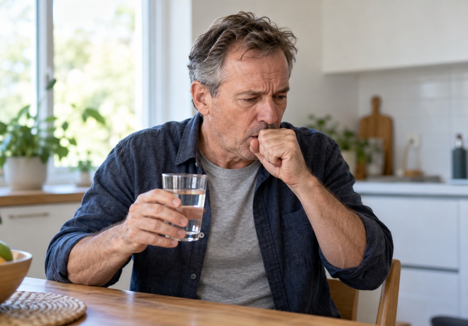 Man coughing after drinking a glass of water